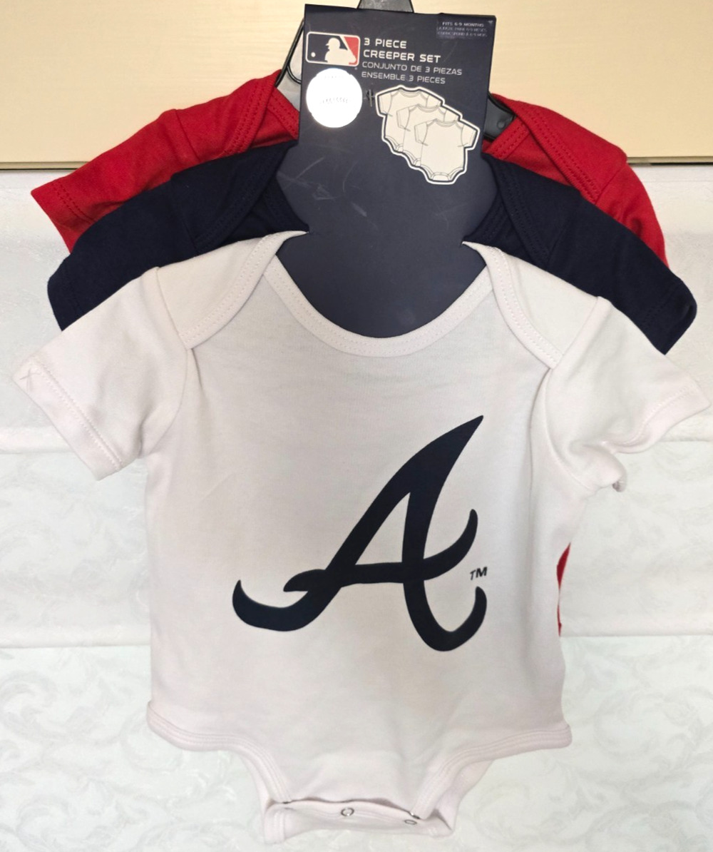 Atlanta Braves Infant Bodysuit Set 6-9M MLB 3 Piece Baby Creeper NWT
